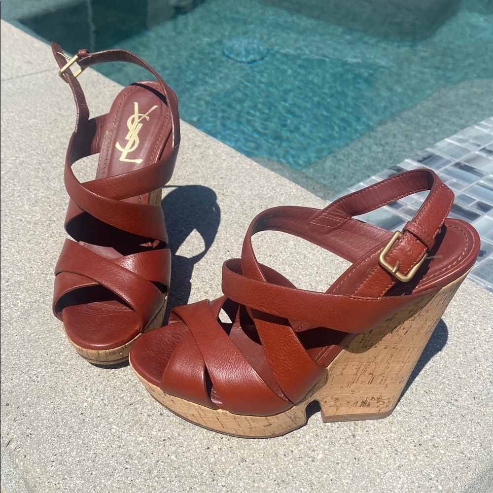 Saint Laurent Cognac Leather Cork Wedge Sandals - Picture 7 of 7